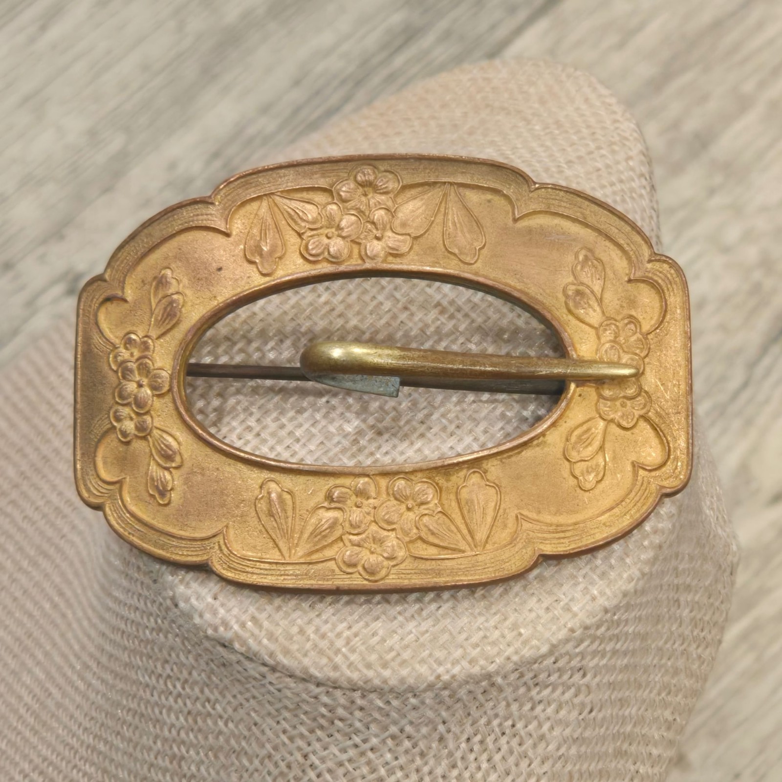 Antique Victorian Sash Pin Buckle Floral Brooch Gold Wash Brass Scarf Pin 1800s