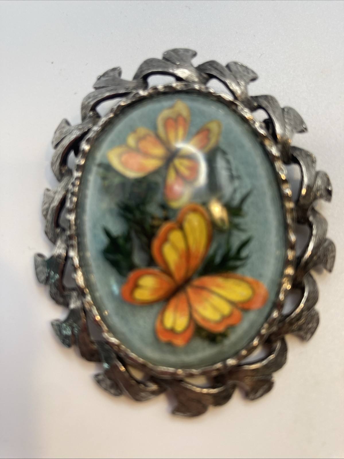 Vintage Style Oval Silver Cabochon Butterfly Brooch/Pendant 2.25″ Long