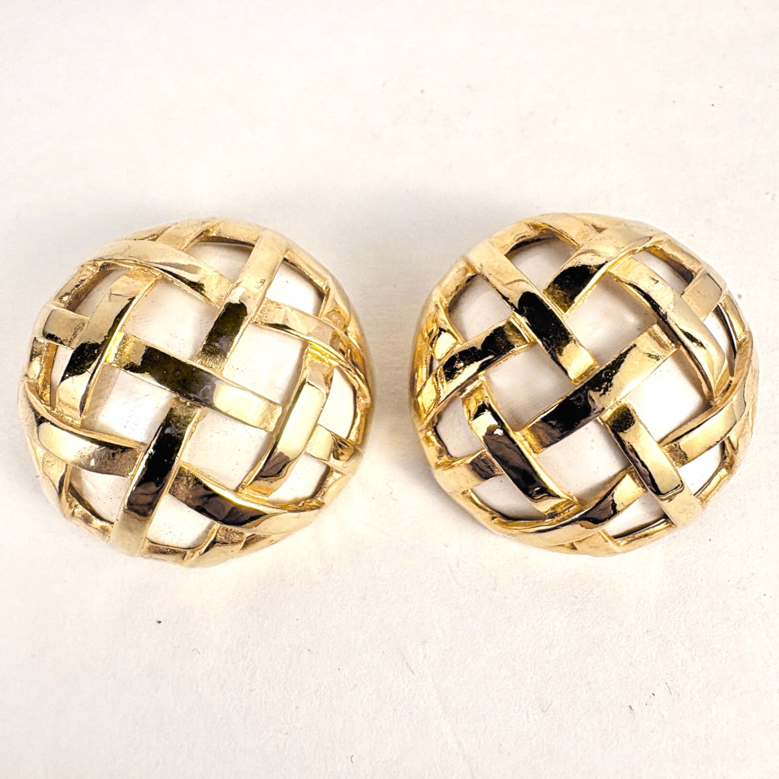 vintage Gold Basket Weave Earrings white clip-on from Henri Bendel Beautiful