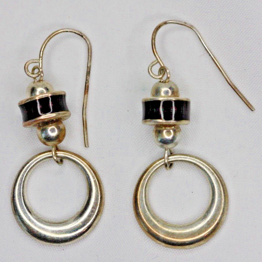 Silver Tone Black Enamel Dangle Drop Hoop Earrings