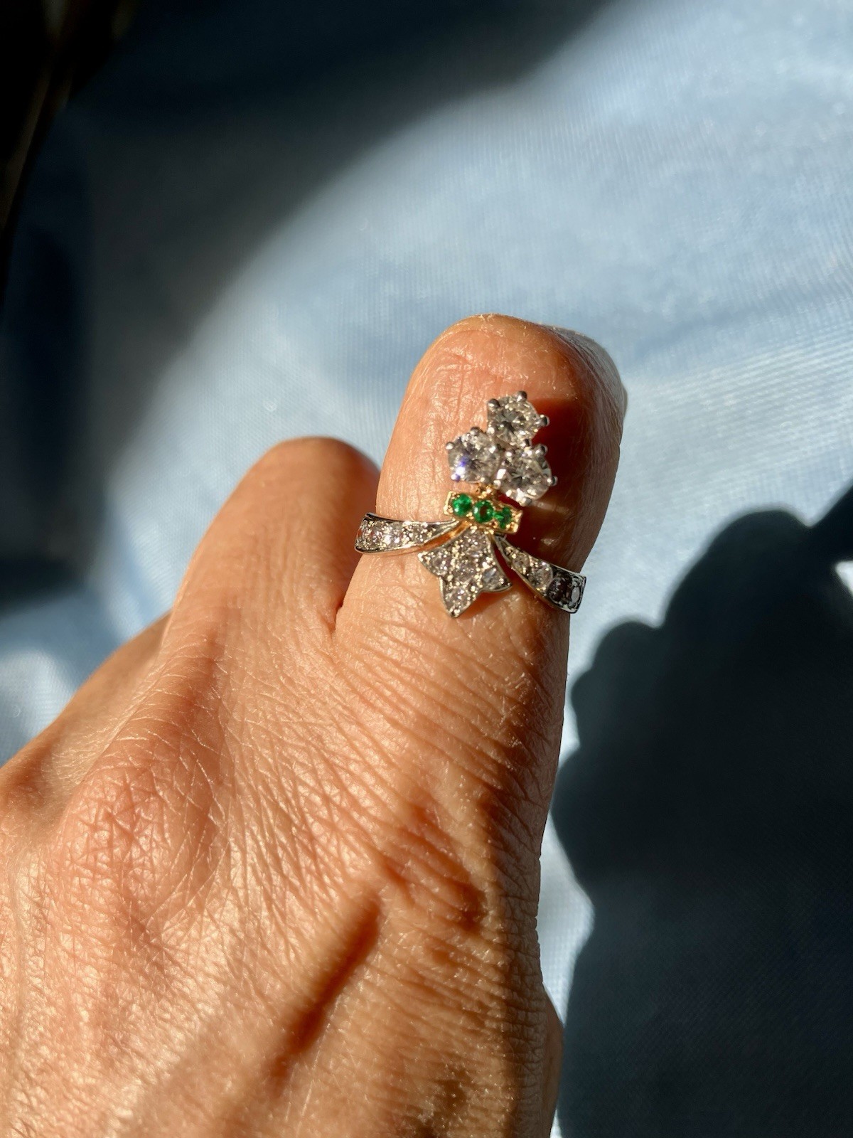 Art Deco French Duchess 18K Diamond And Emerald Ring