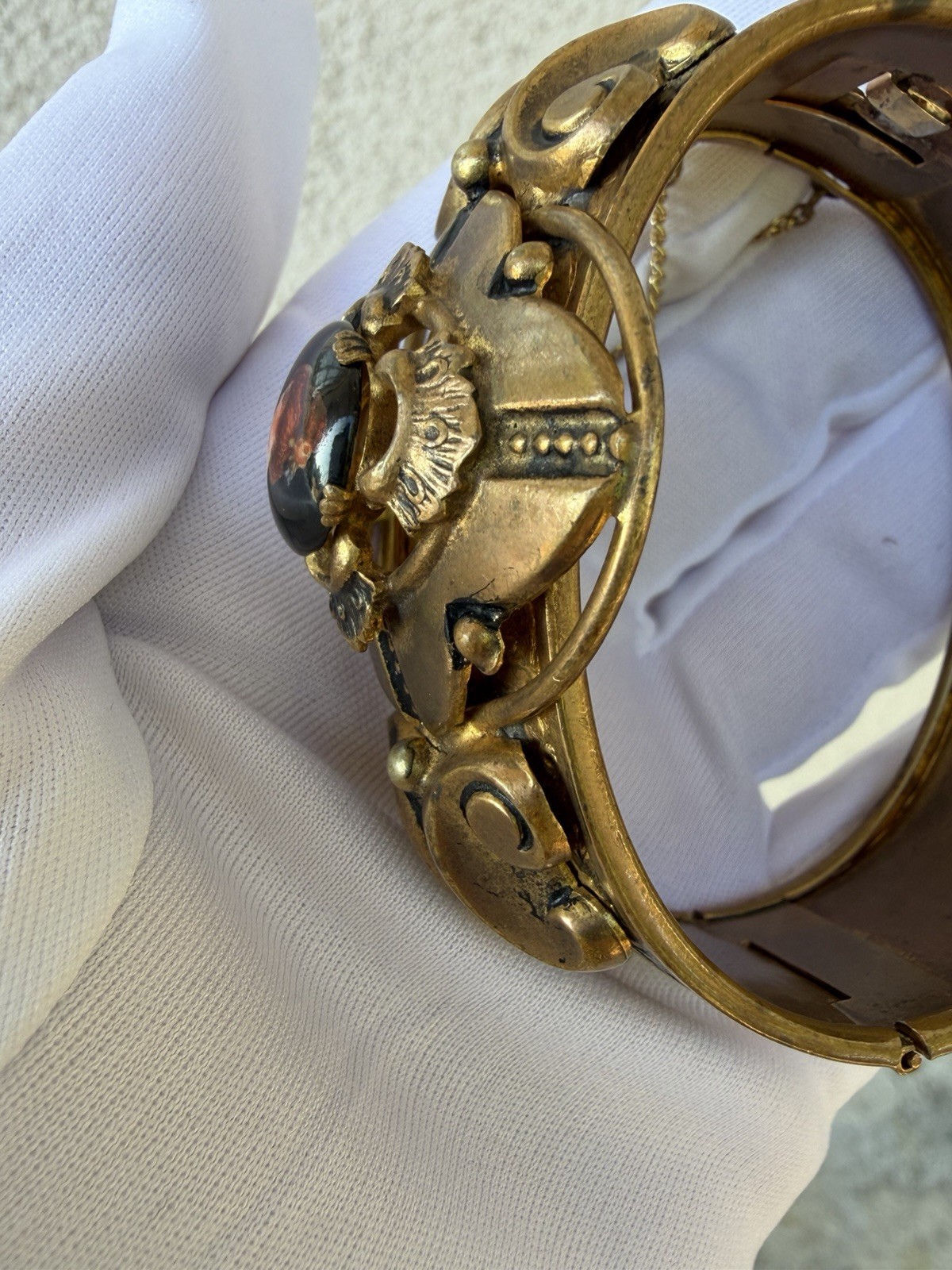 Antique Victorian Porcelain Miniature Portrait Bangle Cuff Bracelet C. 1900