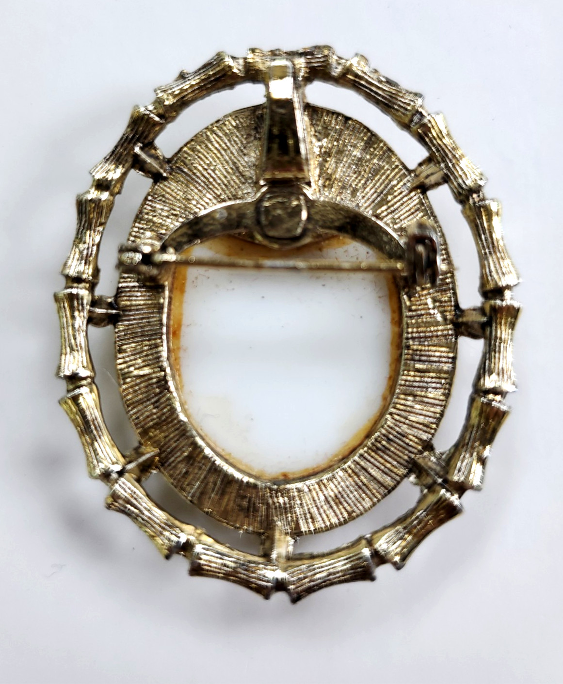 Vintage Brooch with Picnic Scene Painting and Bamboo-Style Metal Frame