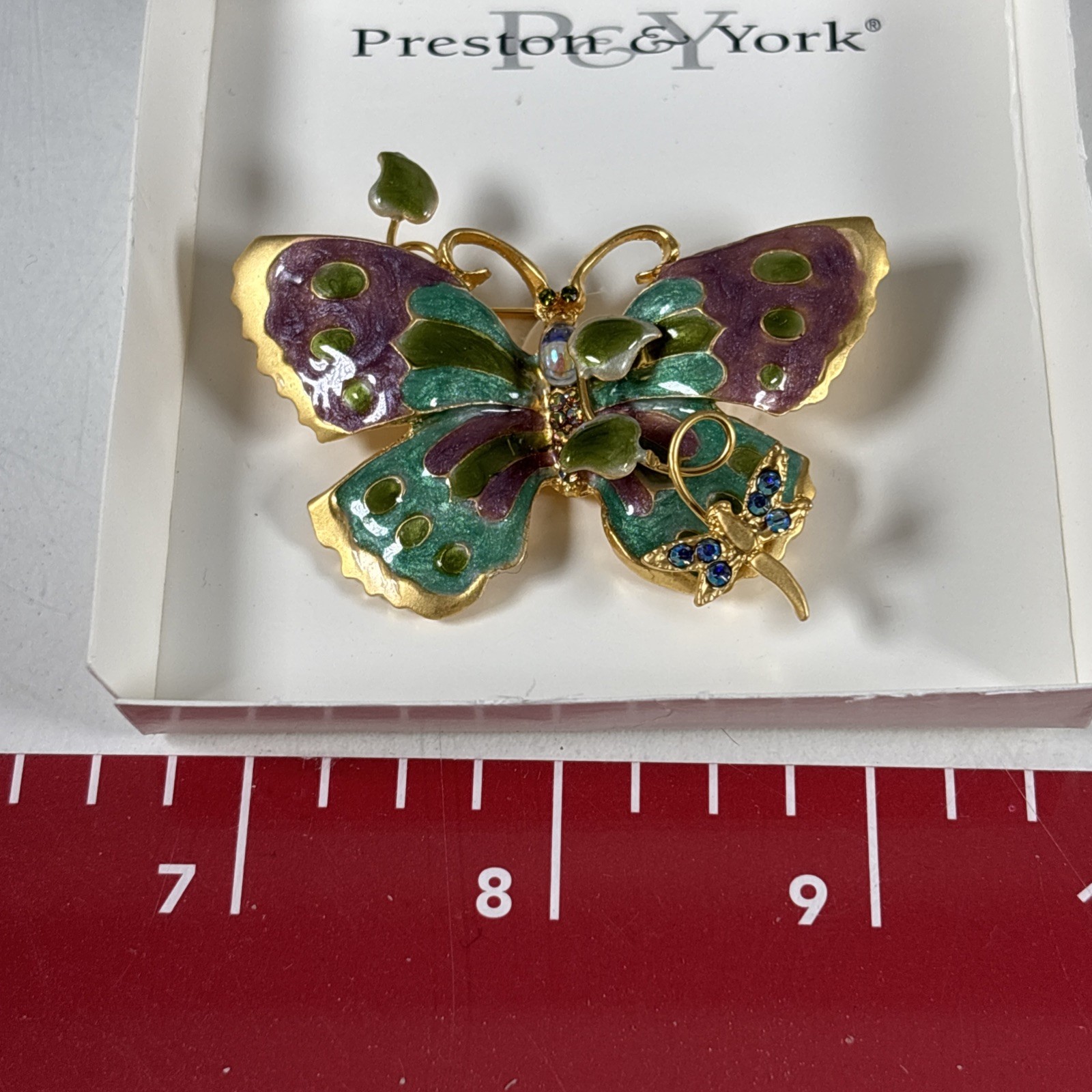 Enamel Mother BUTTERFLY w/ Baby Blue Green Violet Gold Tone Brooch Pin Metal