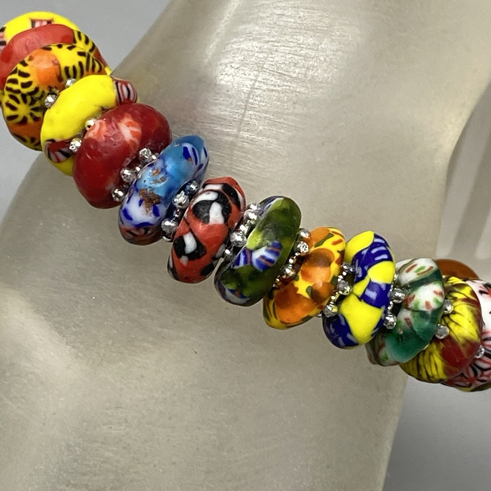 Krobo Beaded Bracelet Stretch Recycled Glass Ghana Multicolor Rondelle Donut 6.5