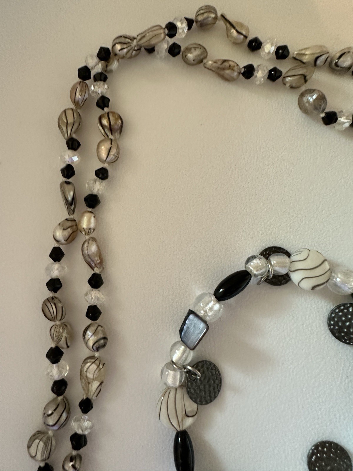 Vintage Black And Silver Glass Beaded Necklace 58” And 4 Stretch Bracelets