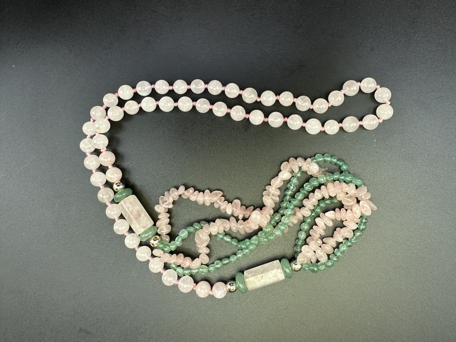 Vintage Chinese Export Multistrand Pink Rose Quartz Green Jade Necklace Stunning