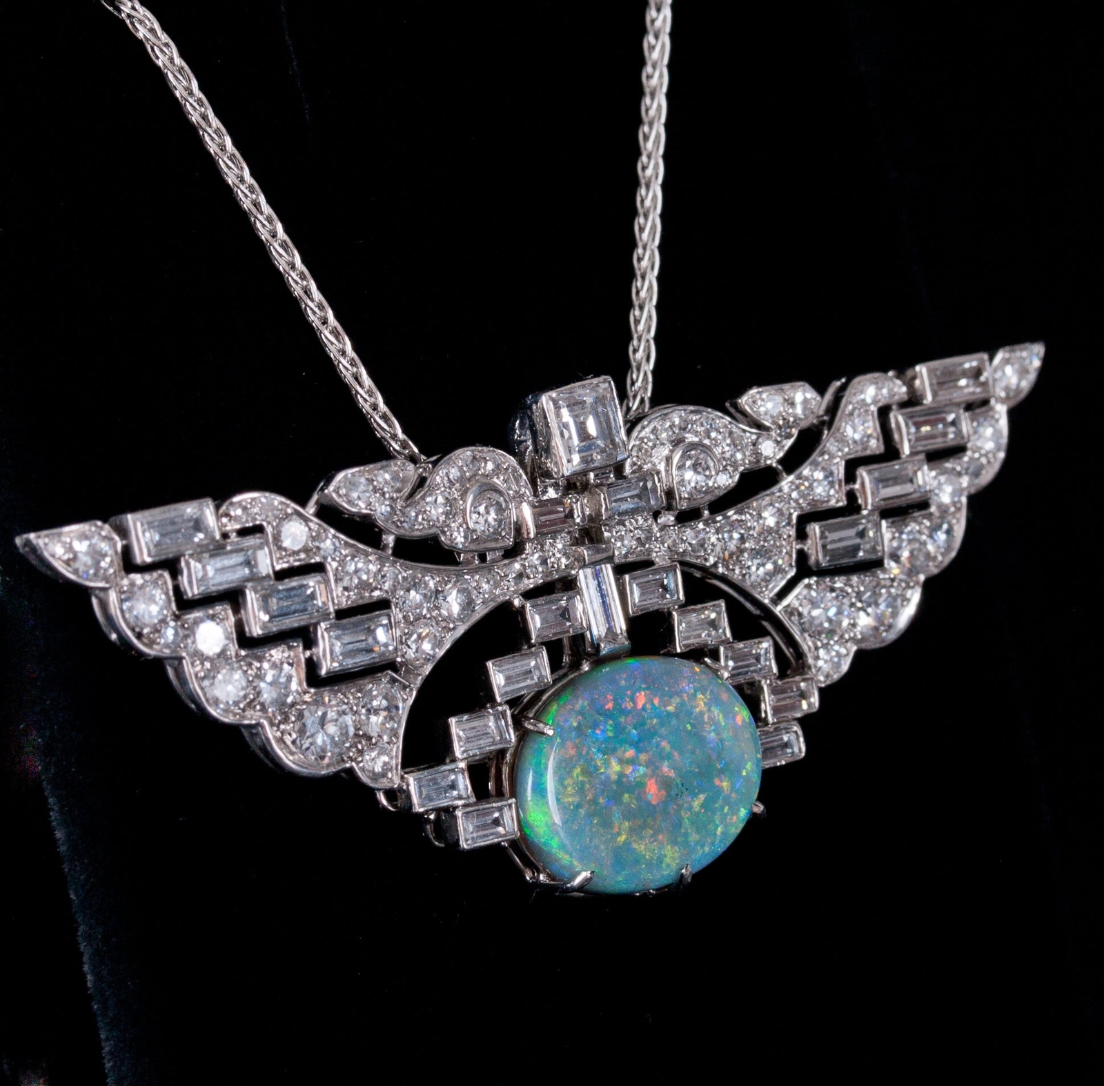 Vintage 1930’s .950 Platinum Oval Cabochon AAA Opal Diamond Necklace 7.89ctw