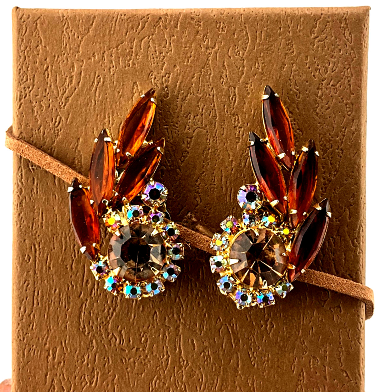 Vintage Mid Century Modern Crystal Clip Earrings Amber Navette Aurora Borealis