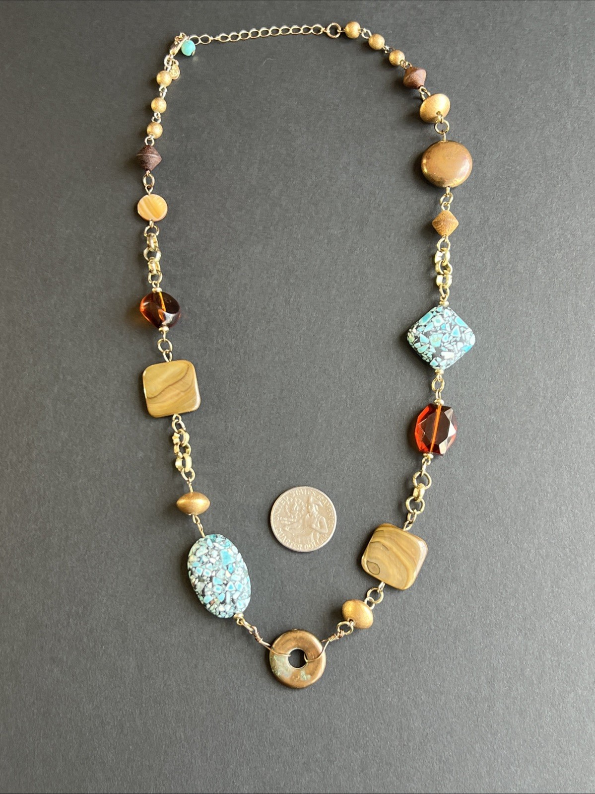 Vintage Turquoise Chip Inlay Beads Amber Mother of Pearl Abalone Bronze Necklace