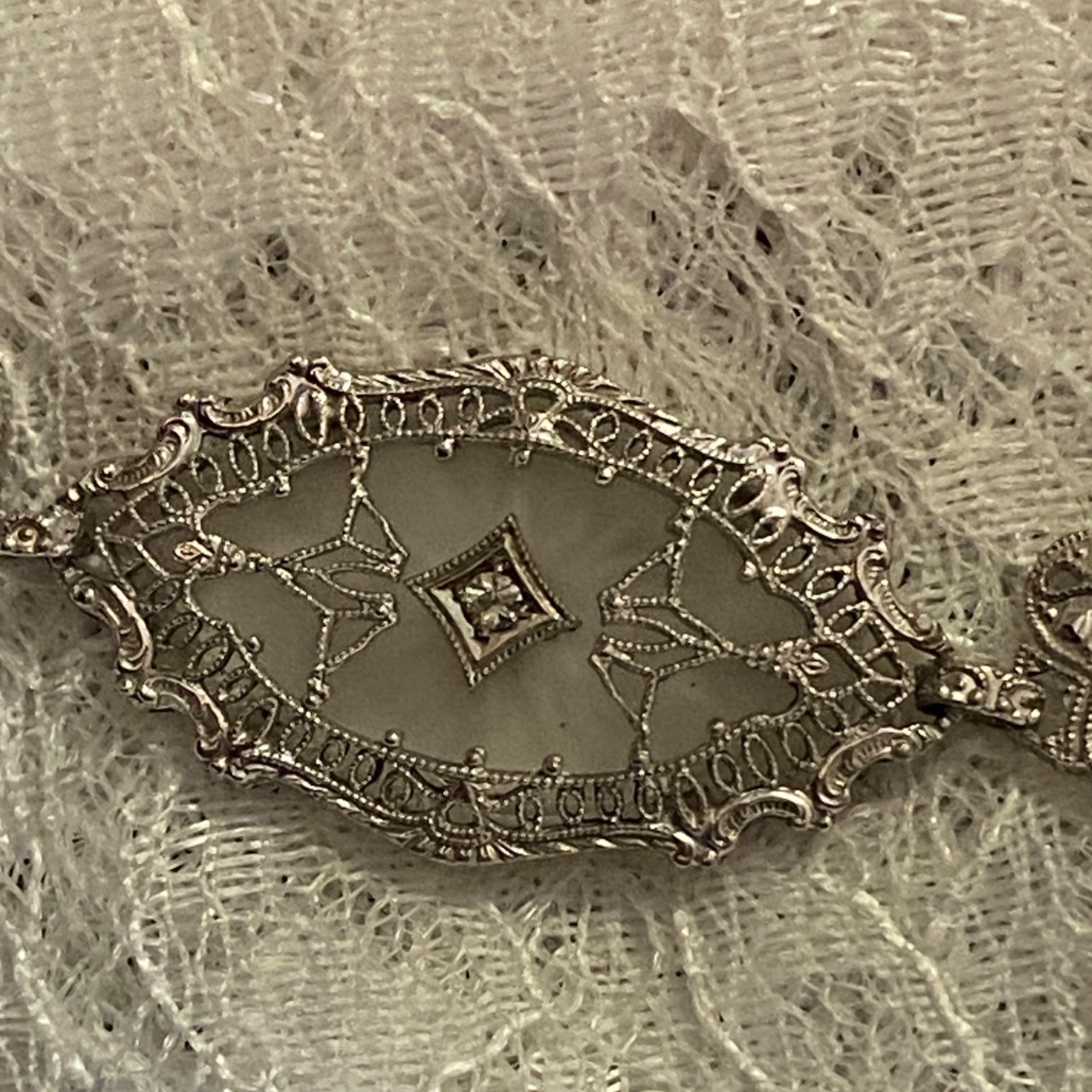 10K White Gold Camphor Glass Diamond Art Deco Filigree Bracelet 7.5″