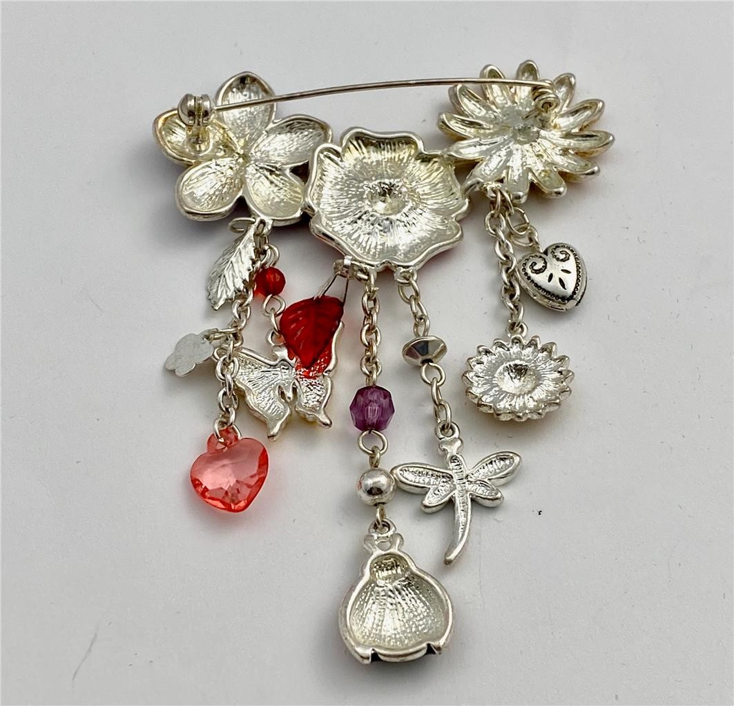Vintage Multicolor Enamel Flowers, Bug, Butterfly, Hearts Charm Dangle Brooch