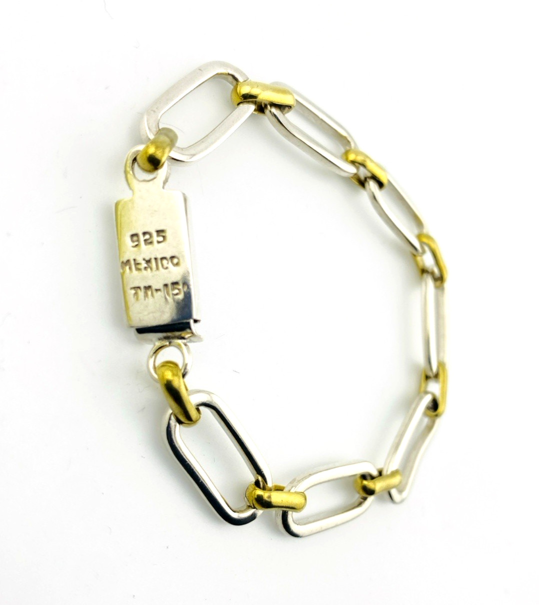 Mexico Sterling Silver Brass Link Bracelet Mixed Metal Chunky Chain 6.75 Inches