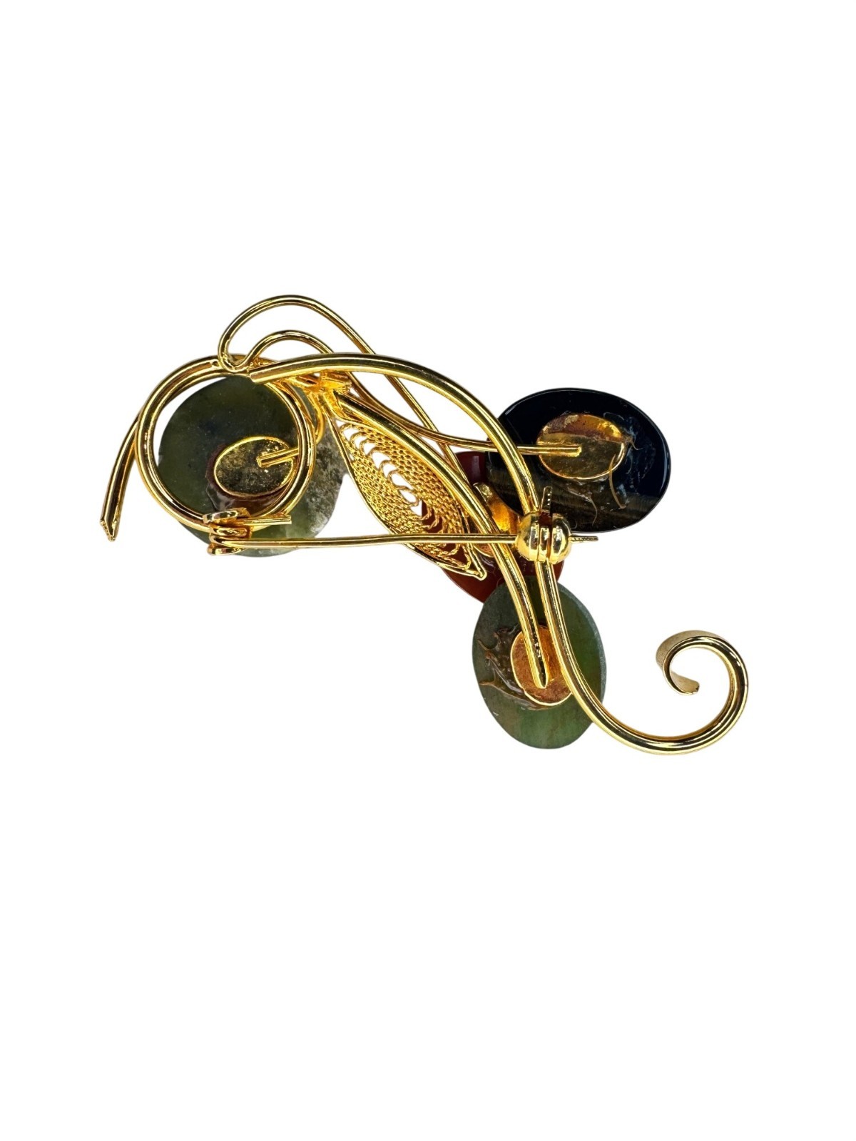 Gemstone Spray Brooch Jade Carnelian Tiger’s Eye Gold Tone Vintage