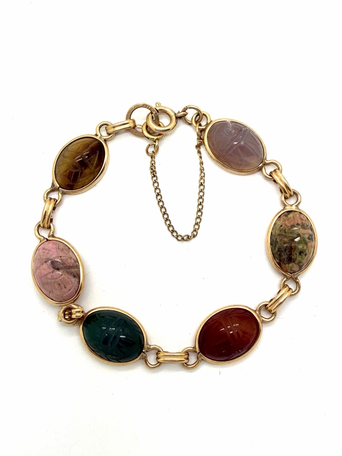 Vintage Bojar 1/20 12k G.F. 7” Scarab Gemstone Bracelet Bloodstone Carnelian