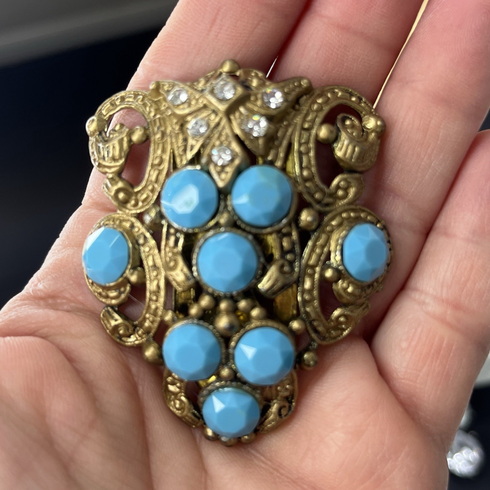 New England Glass Works Dress Clip Turquoise Rhinestone Gold NE Antique Vtg