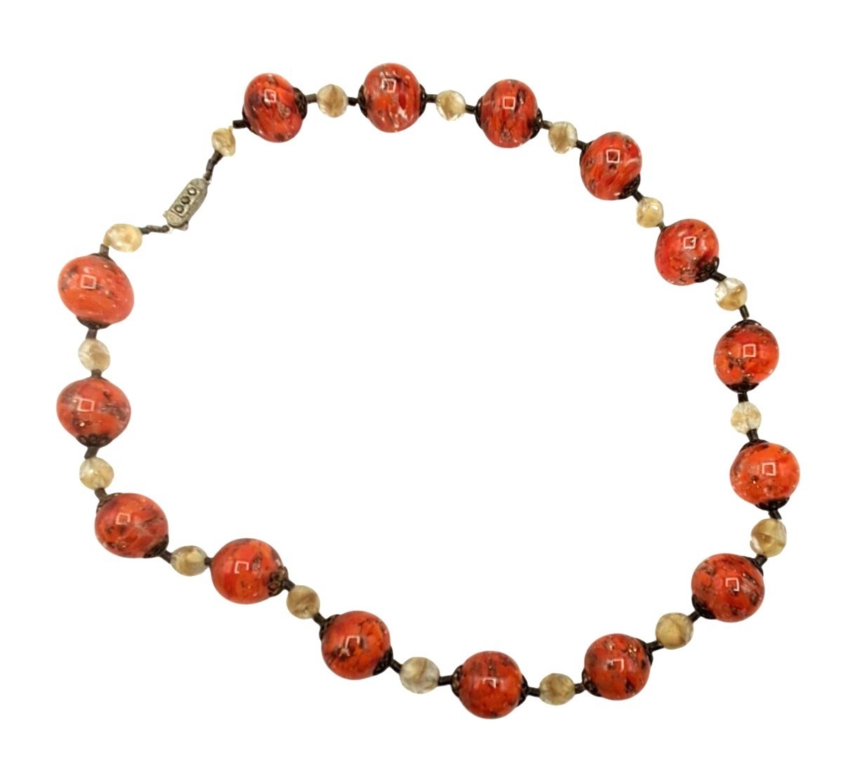 Vintage Murano Glass Necklace Orange Gold Givre Clear Cream Beaded Single Strand