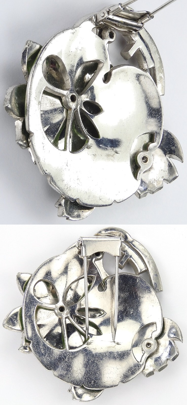 Dujay Pave Metallic Enamel Flowers Invisibly Set Ruby Stem Floral Spray Pin Clip