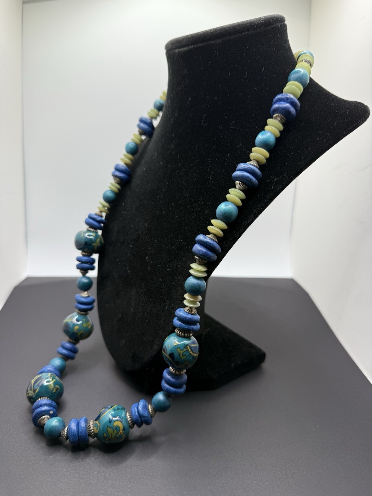 Vintage Beaded Necklace Teal Blue Ceramic Wood Barrel Closure 28” Handcrafted