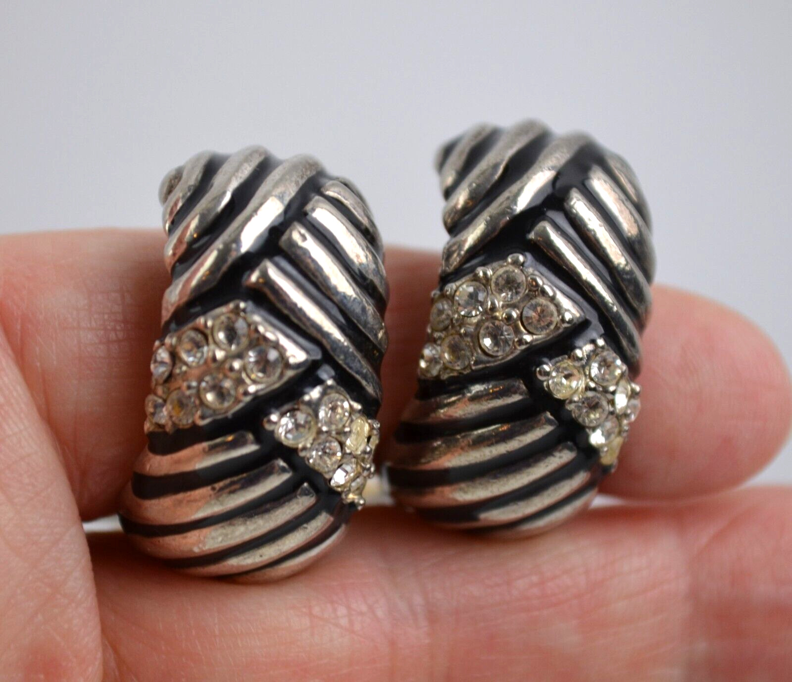 Vintage Silver Tone & Black Clip On Earrings with Clear Rhinestones 1.25″
