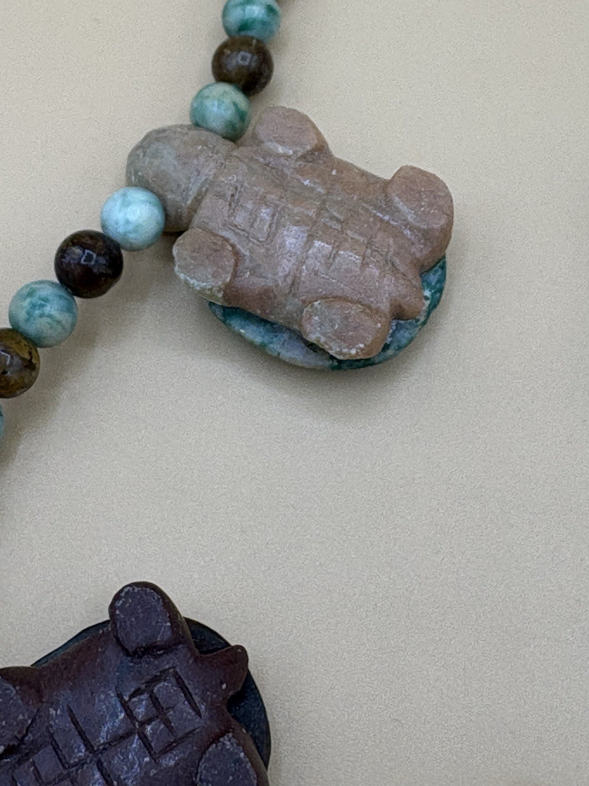 Assorted Color Stone Bead Necklace with 5 Carved Turtle Pendants