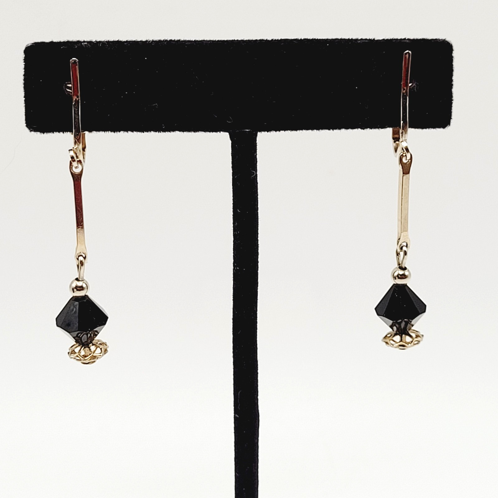Minimalist Art Deco Drops Black Bicone Crystal Gold Tone Vtg Clip On Earrings