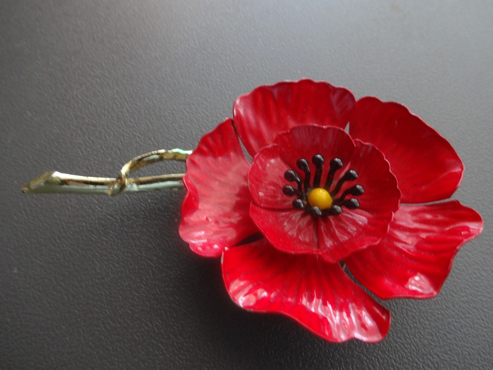 Vintage Enamel Red Poppy Flower Brooch Pin Large Red & Green Extremely Rare