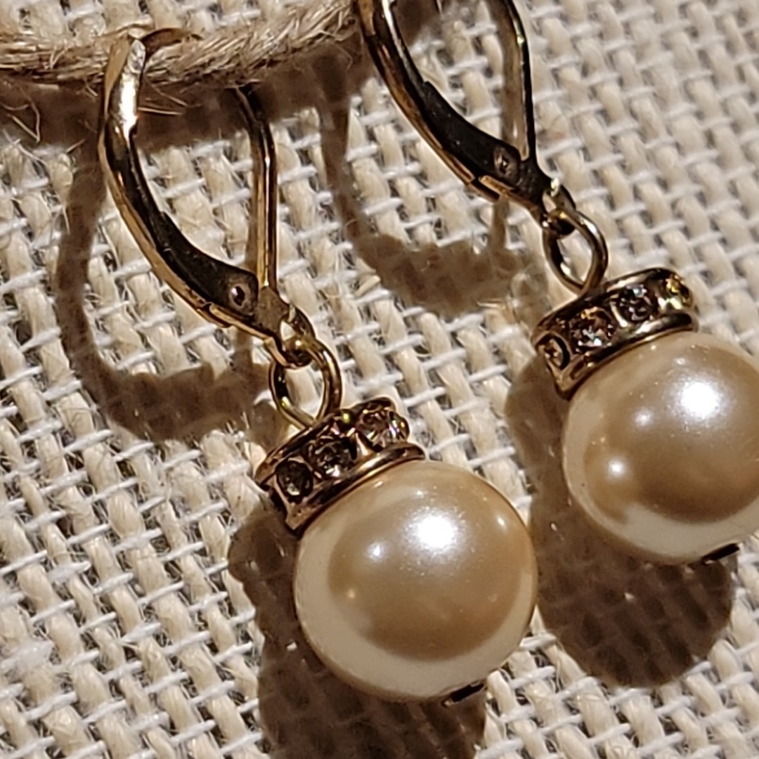 VTG Gold Tone Faux Pearl Rhinestone Rondelle Bead Earrings Dangle Classic Formal