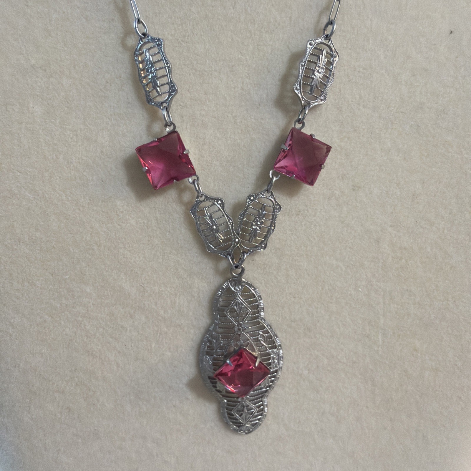 Antique ART DECO Silver Tone PINK CZECH Glass Filigree Necklace 18 inchs