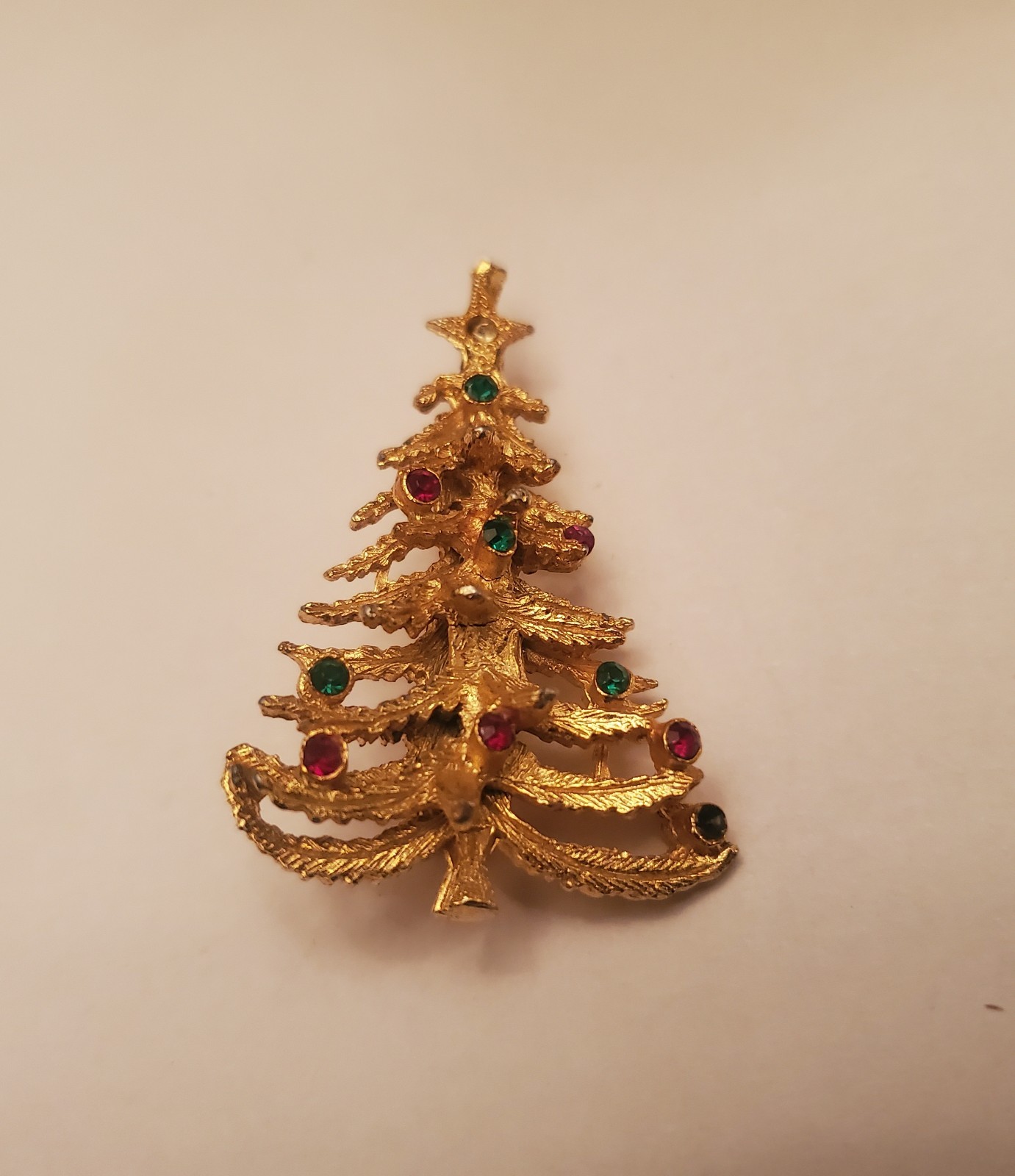 Vintage Holiday Tree Brooch Features Textured Gold-Tone Finish Decorated With…