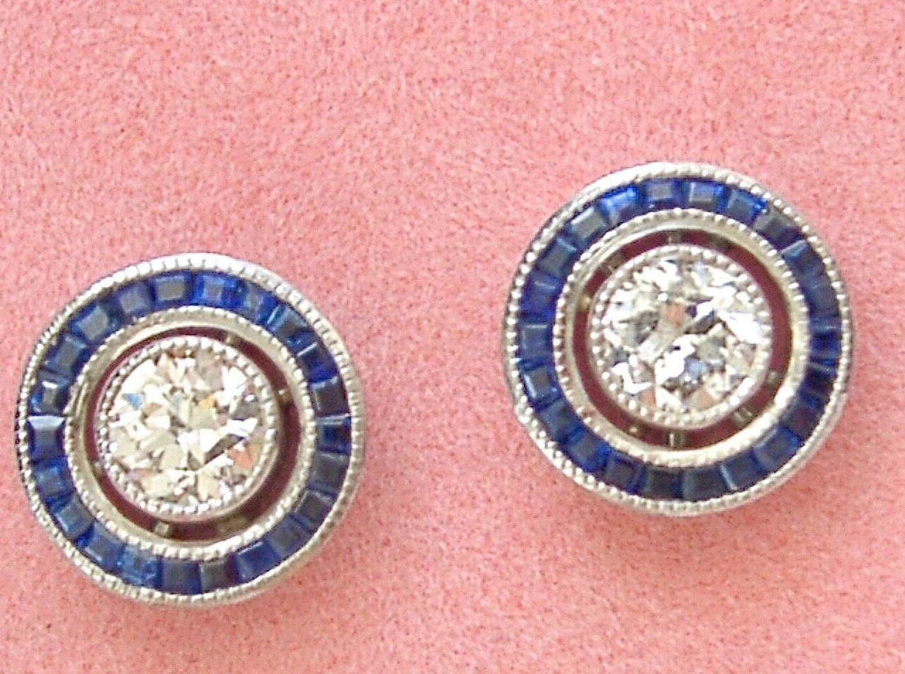 ART DECO 1.14ctw EURO FLOATING DIAMOND SAPPHIRE HALO 11mm PLATINUM STUD EARRINGS