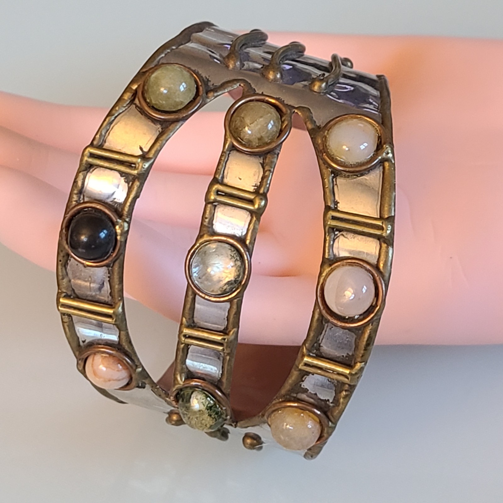 VTG Brutalist Mixed Metal Cuff Bracelet 2″ Wide Artisan Multi-Gem Statement
