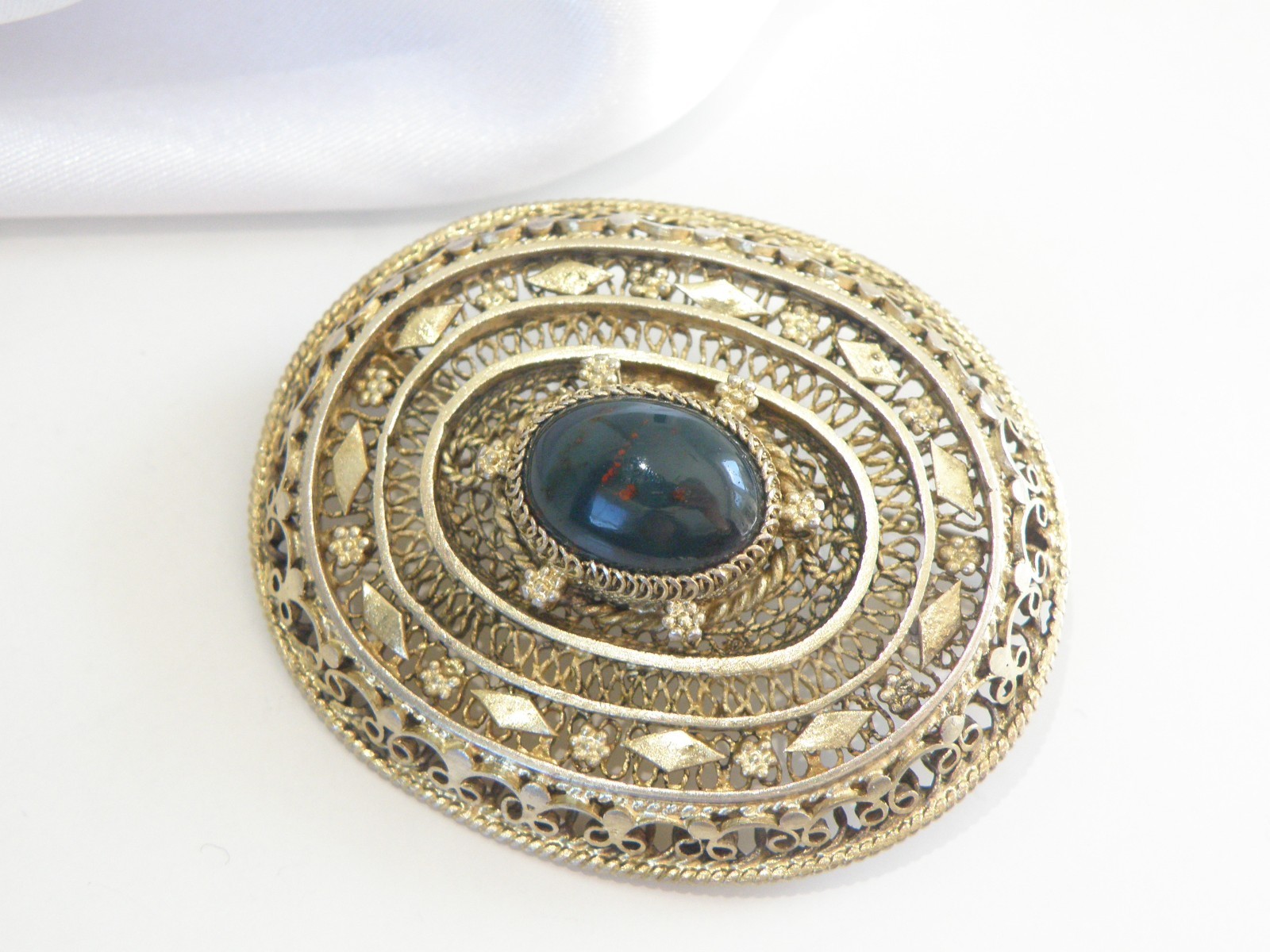Vintage Silver Gold Plated Natura Bloodstone Large Filigree Brooch