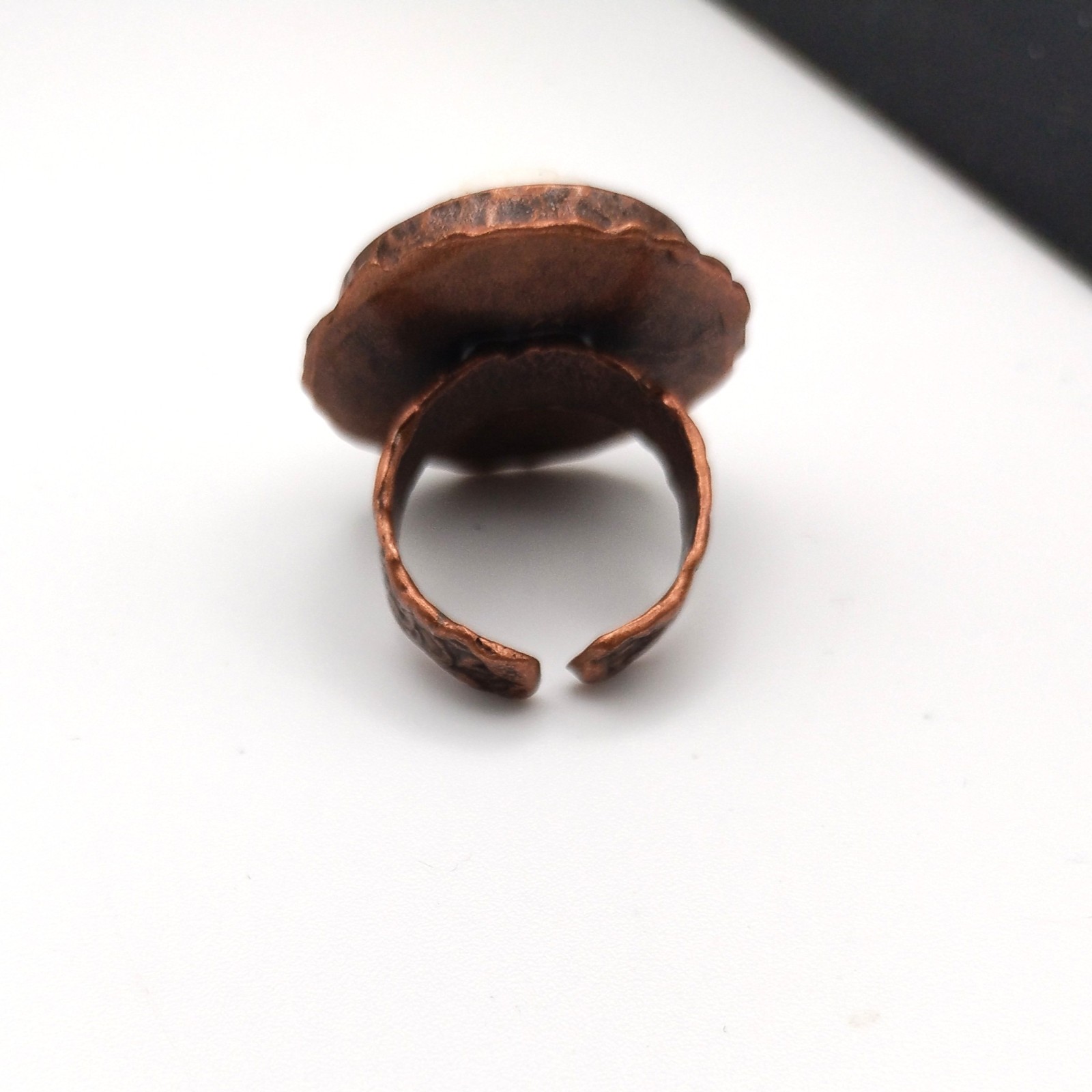 Adjustable Brutilist Style Copper Plated Ring w Vintage Opalescent Carved Stone