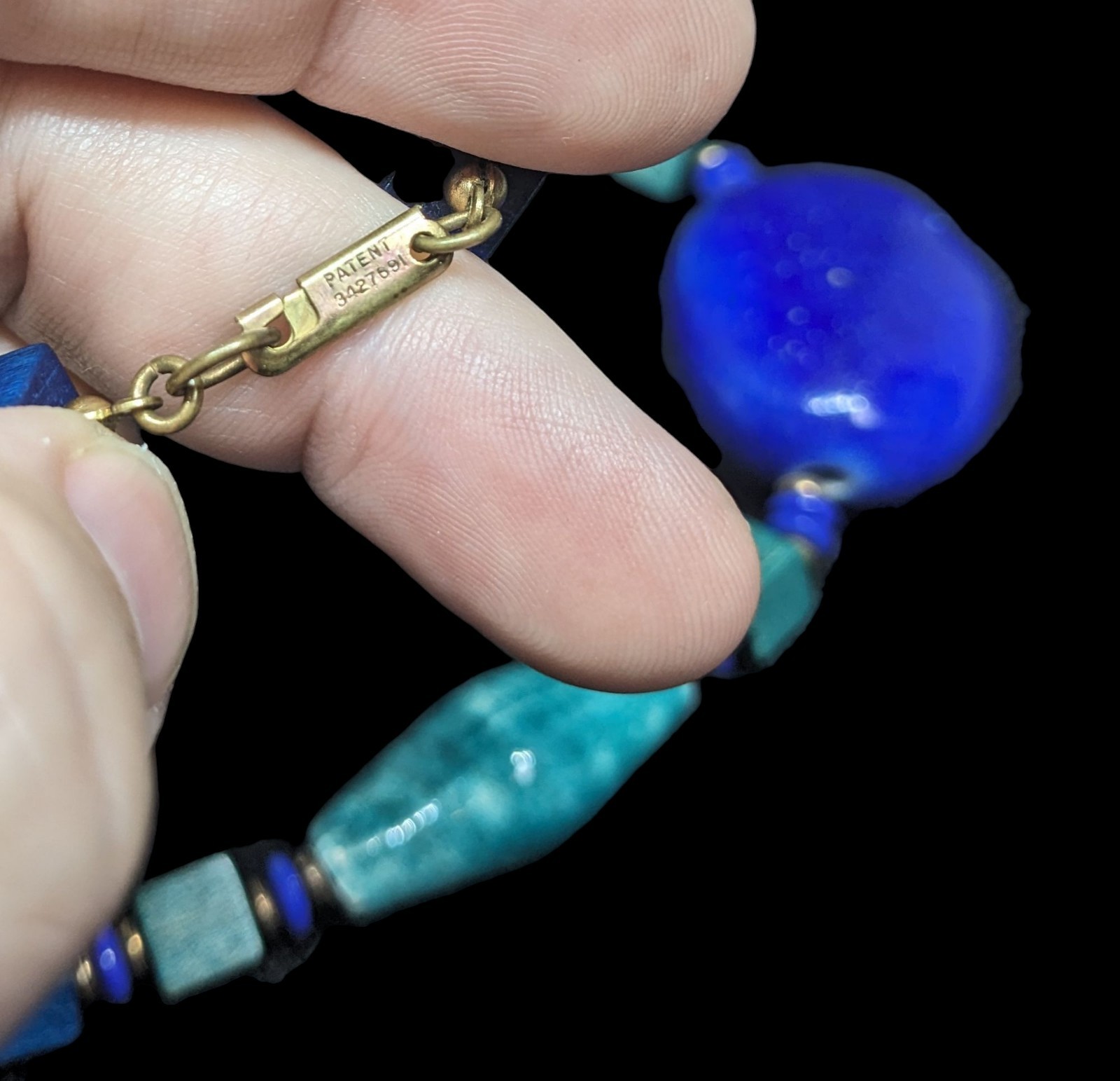 Vintage Miriam Haskell Blue Green Ceramic Wood Egyptian Revival Choker Necklace