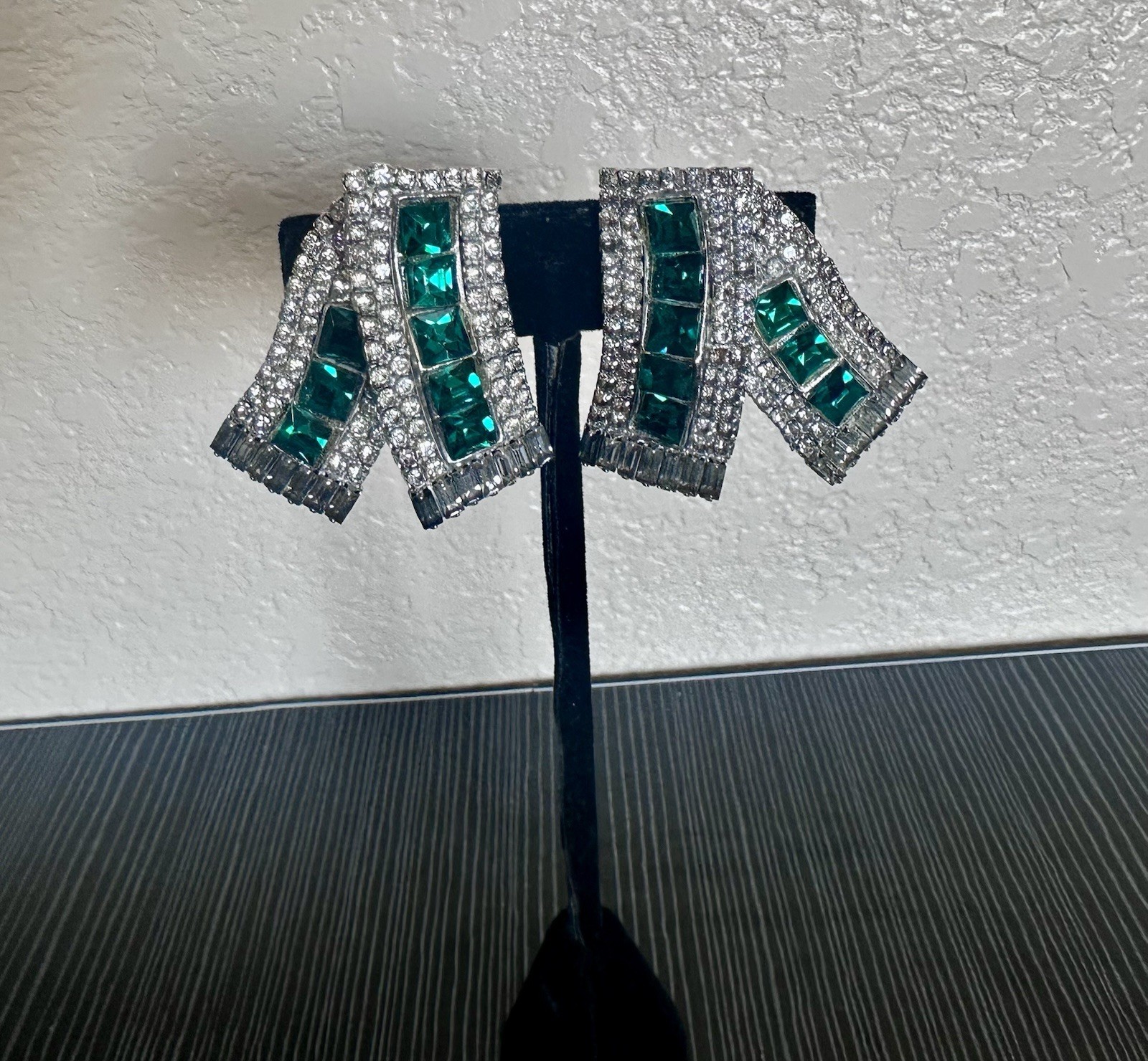 Vintage MMA Clip On Earrings W/ Ribbon-Fold Design + Emerald & Clear Rhinestones