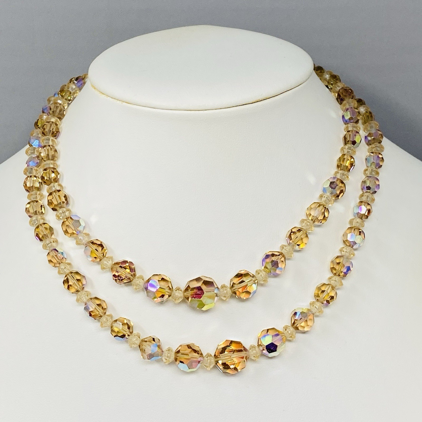 VTG Crystal Beaded Necklace Champagne Aurora Borealis Faceted Double Strand 15″