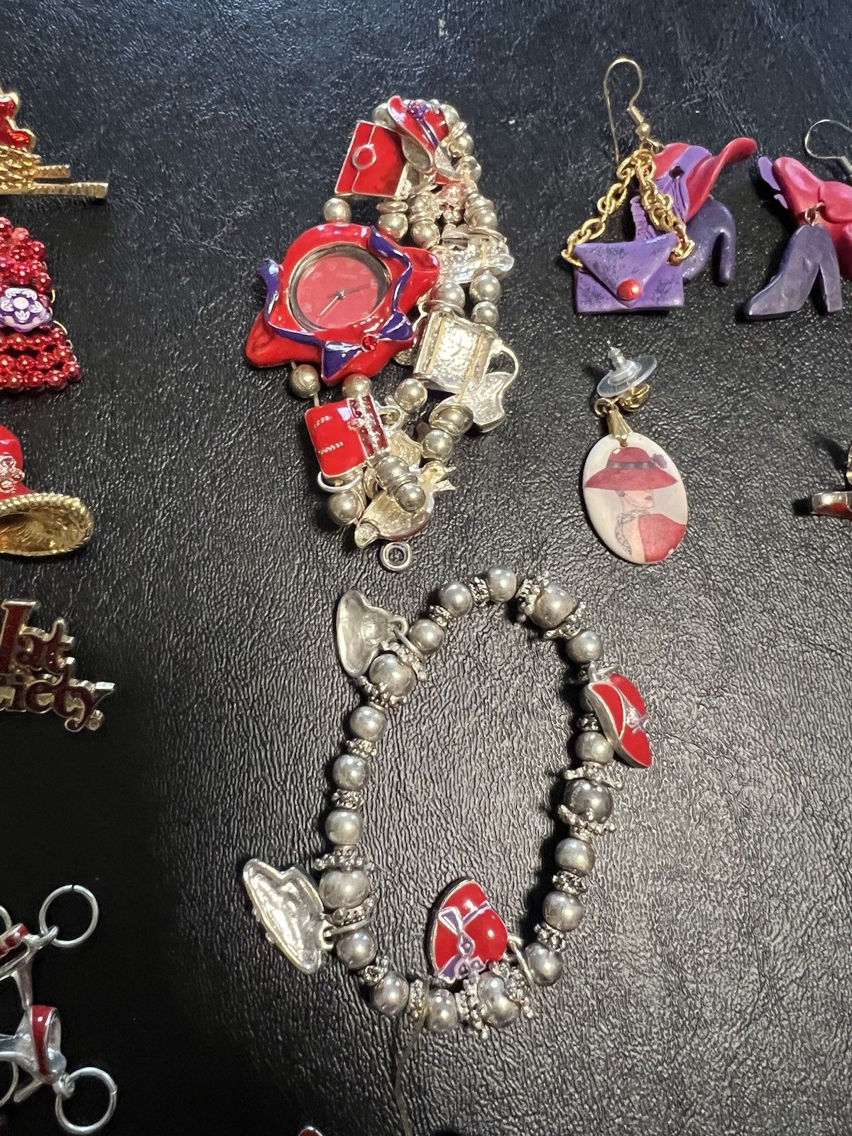Red Hat Society Jewelry Lot Of 54 Brooches Bracelets Watch Necklaces Charms Box