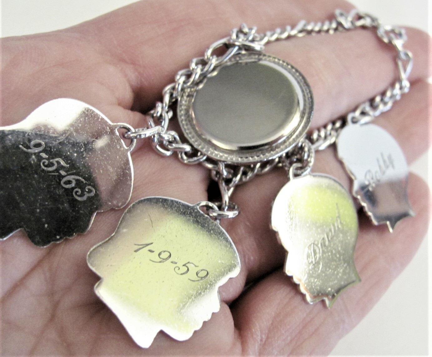 VTG Sterling 925 Silhouette Children Head Photo 5 Charm 21g Bracelet 7 1/4″ long