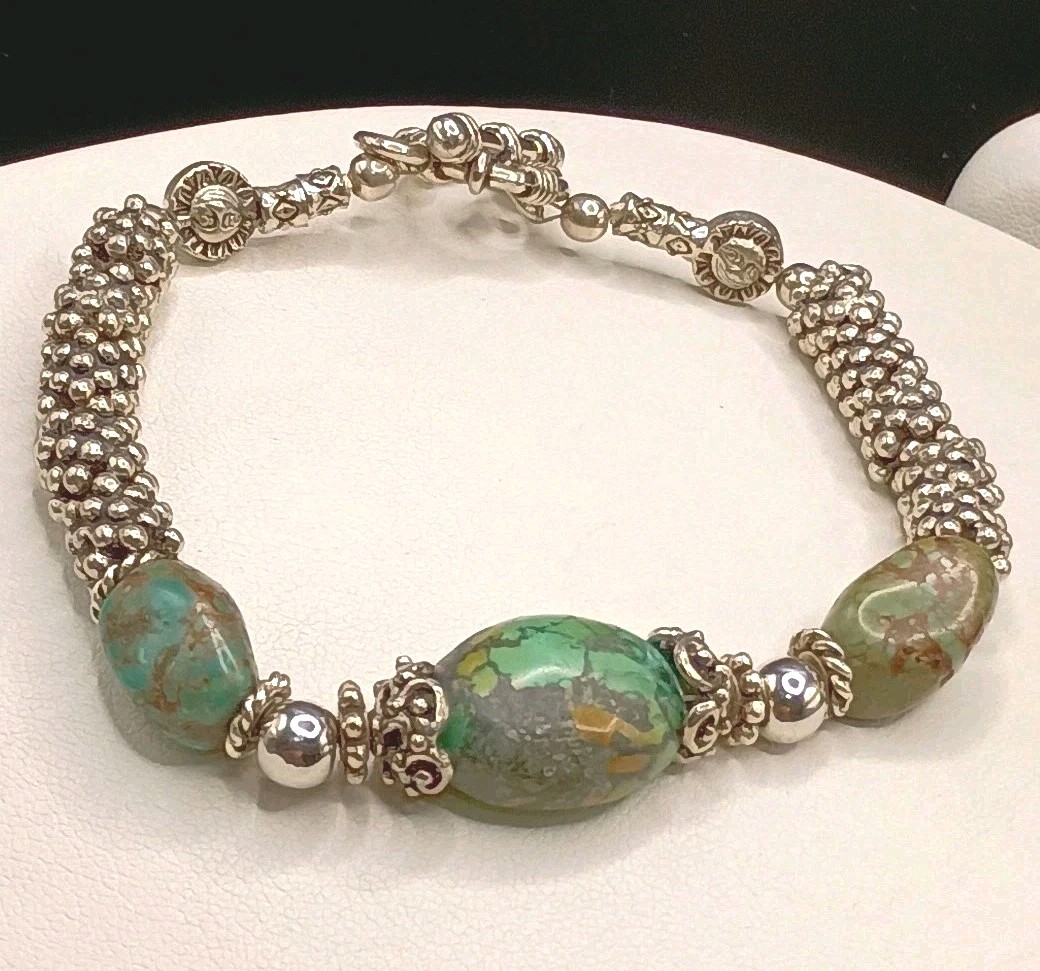 Vintage Green Turquoise Nugget Silver Bracelet Sz 7.75 Untested Popcorn Bead 40g