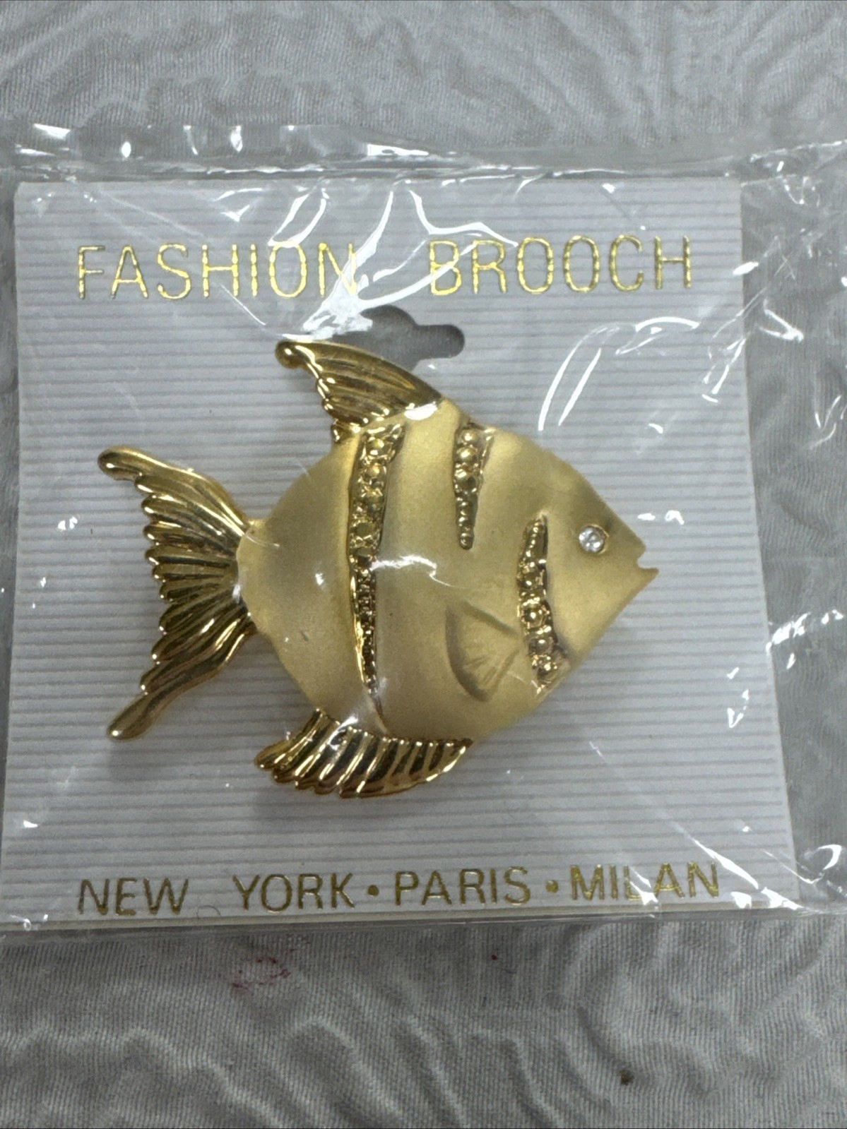 Vintage Angelfish Gold Tone Finish and Rhinestone 2” Brooch Pin New