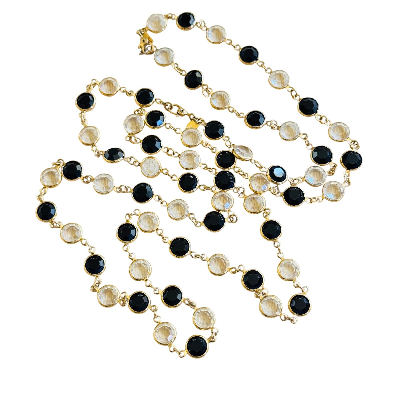 VTG Monet Open Bezel Crystal Necklace Gold Plated Strand Elegant Black Clear 43″