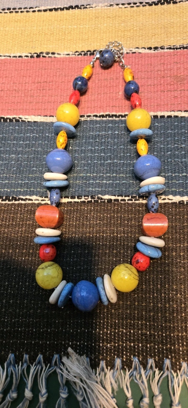Vintage Acrylic?Glass? Statement 16″ Necklace Blue Yellow Red Lobster Clasp