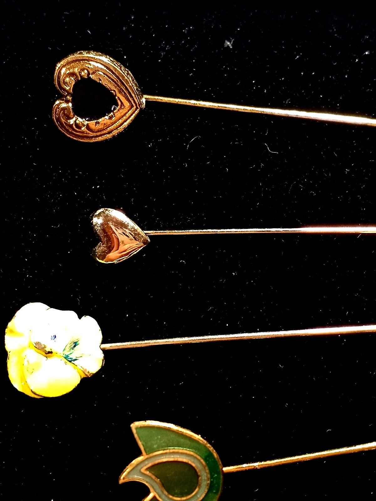 Vintage 6 Lovely Gold Color Hearts And Flowers Stickpins
