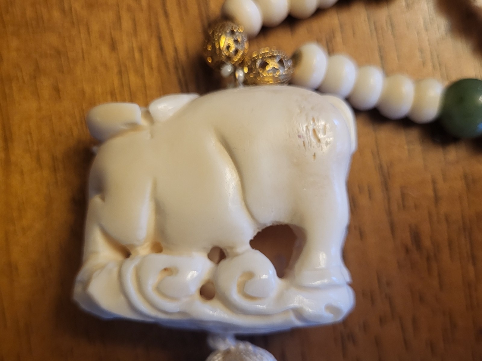 Vintage Ox & Calf Celluloid Netsuke Bead Tassel Necklace 22 Inches 5.5 Inch Drop