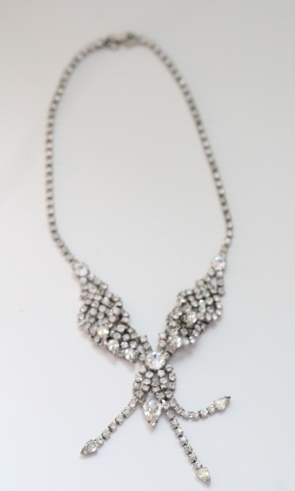Vintage Clear Rhinestone Layered Dangling Fringe Choker Necklace 15 1/2″