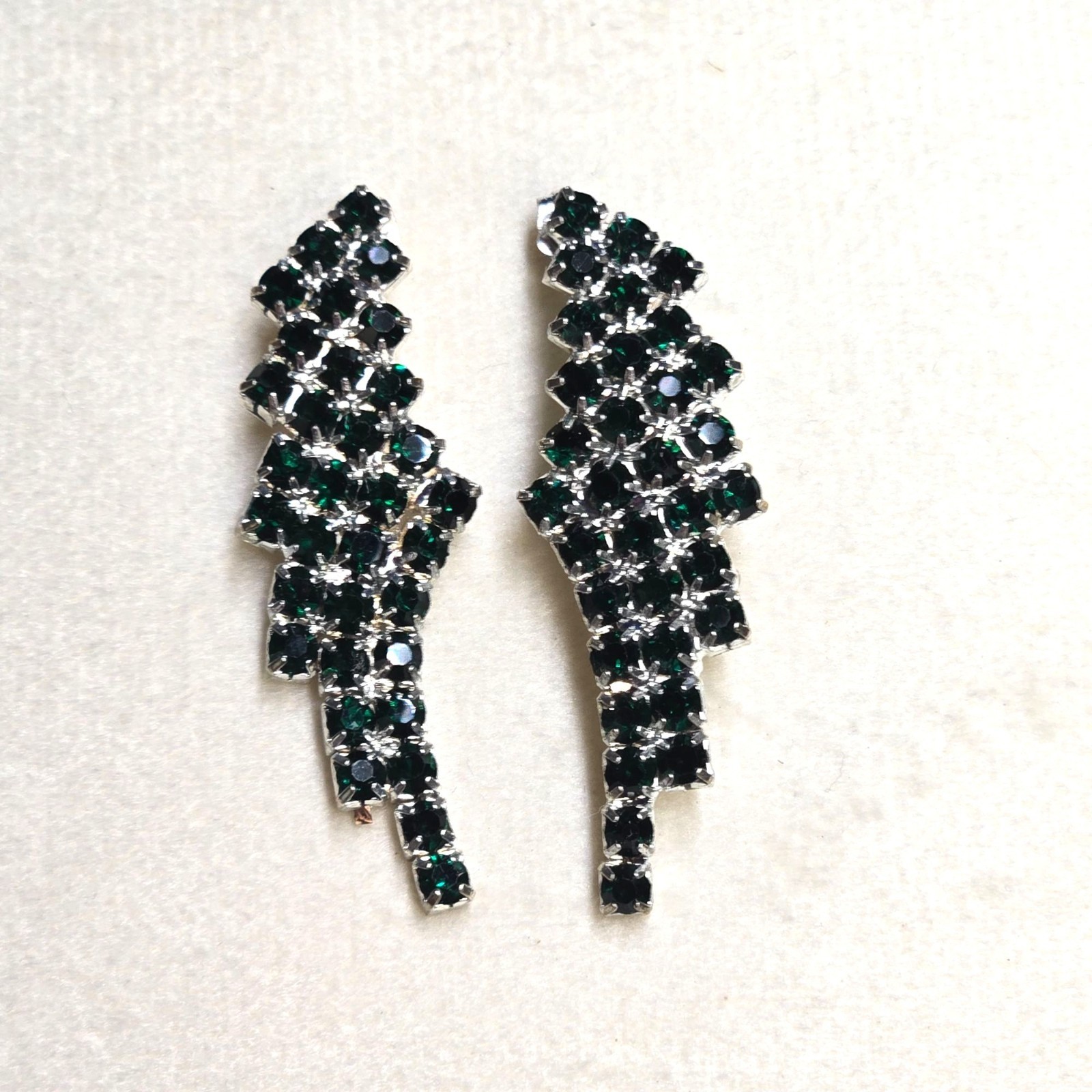 VTG Sterling Emerald Green Rhinestone Earrings Chandelier Waterfall Design 925