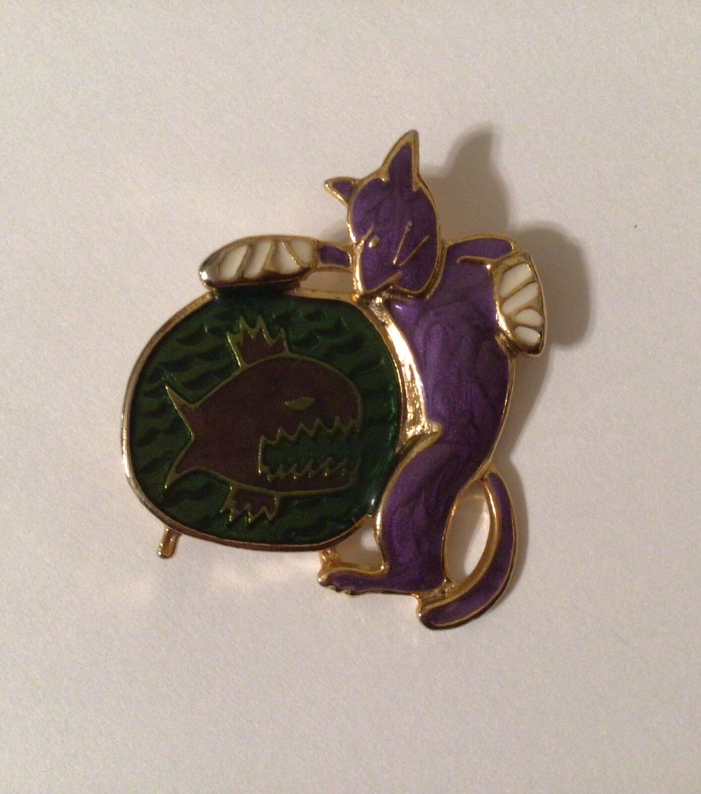 Vintage Berebi Signed Cat & Fish Brooch/Pin Purple/Green/White Enamel Gold Tone