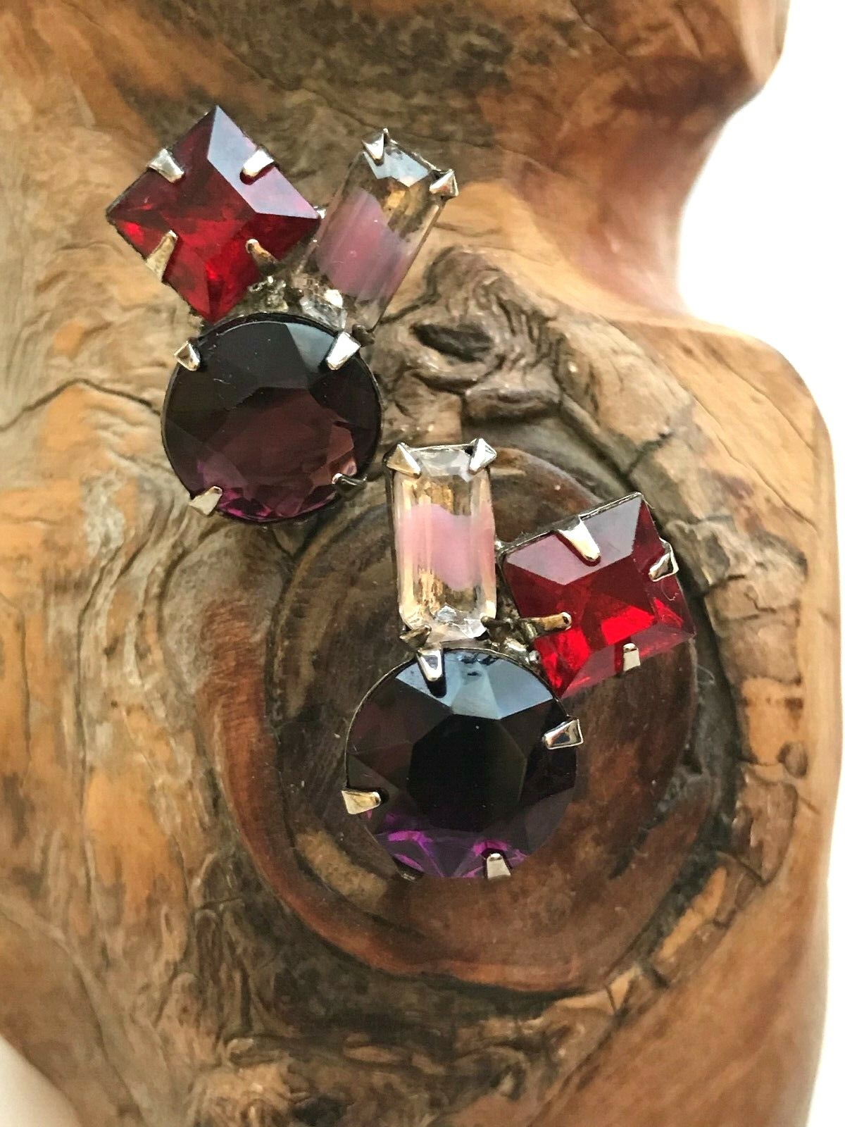 Cute Vintage Red Purple Pink Facetted Pronged Rhinestones Pierced Earrings