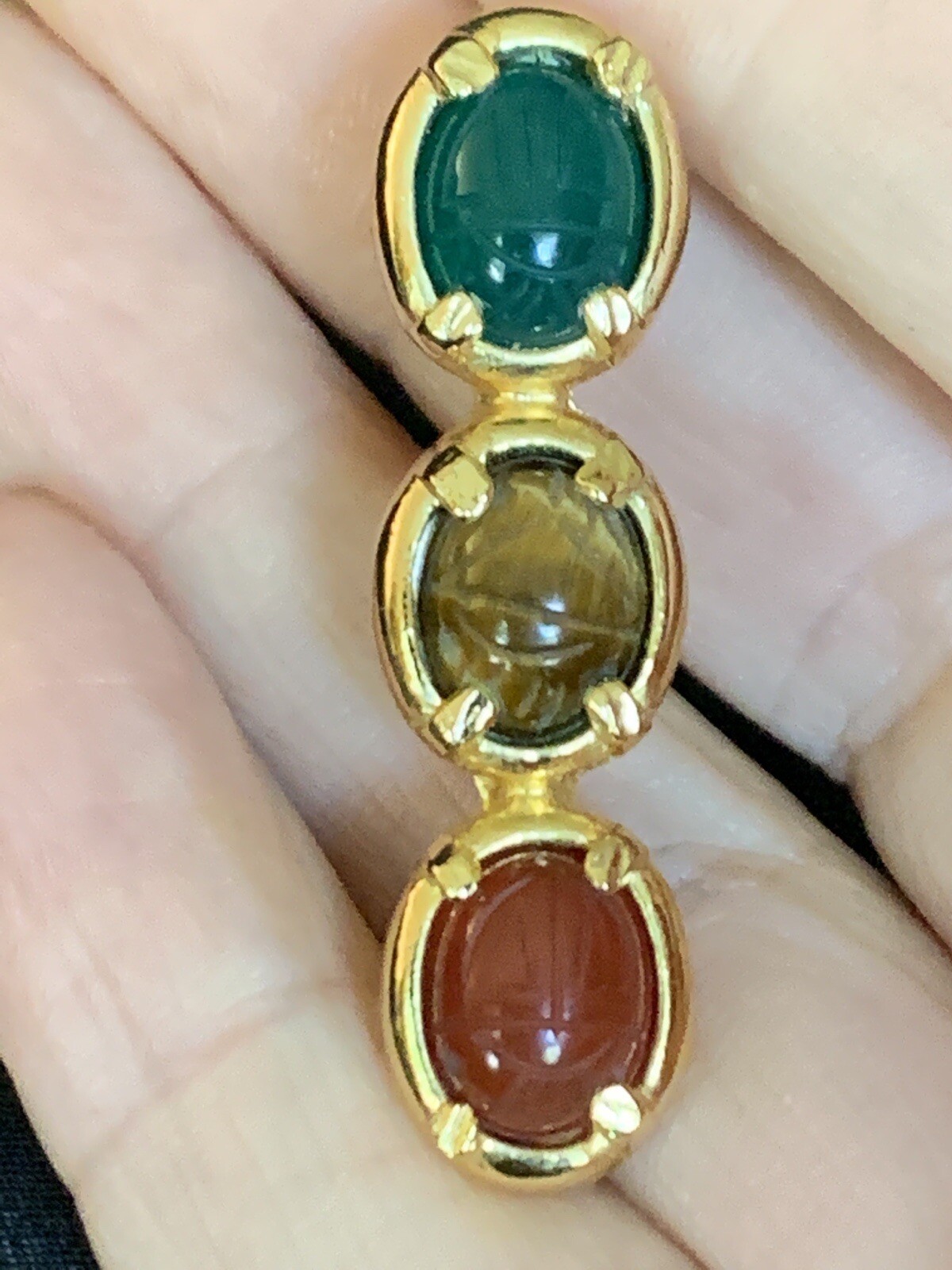 Vintage Multi-Gemstone Carved Scarab Brooch Pin Bar Carnelian Tiger’s Eye & Jade